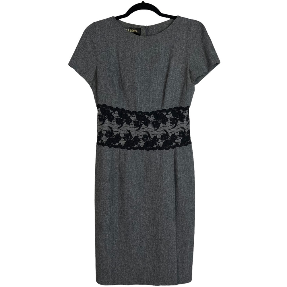 Vintage Vera Borea Paris Gray Wiggle Dress Black Lace Waist Made France